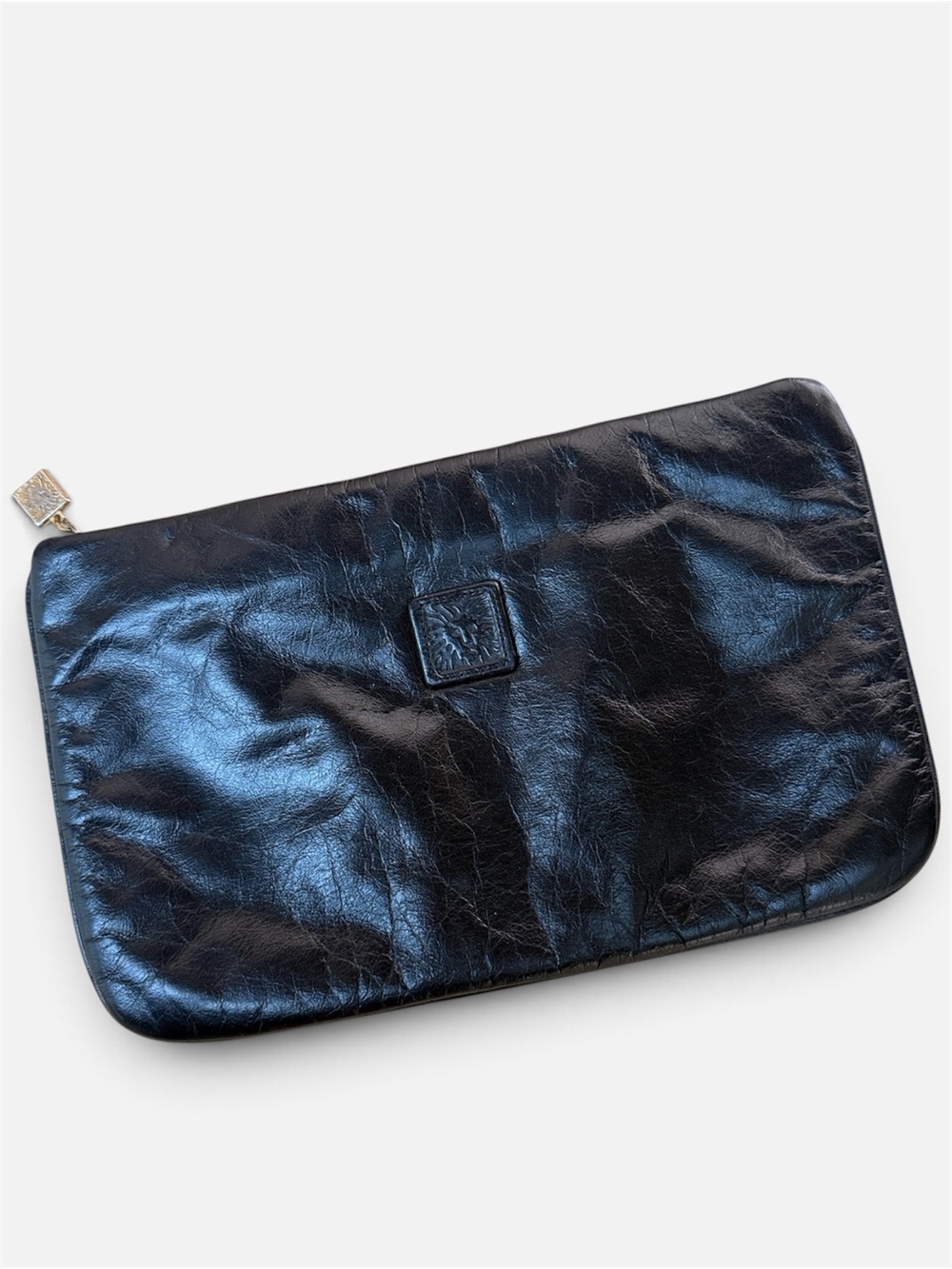 80’s-90’s Anne Klein Vintage Black Leather Zip Clutch Embossed Logo Pristine